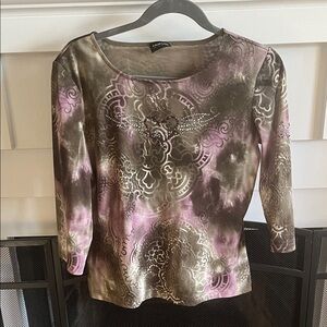 Taifun Collection 3/4 Sleeve Sheer Top in Pink & Brown, Metallic front, Size 10